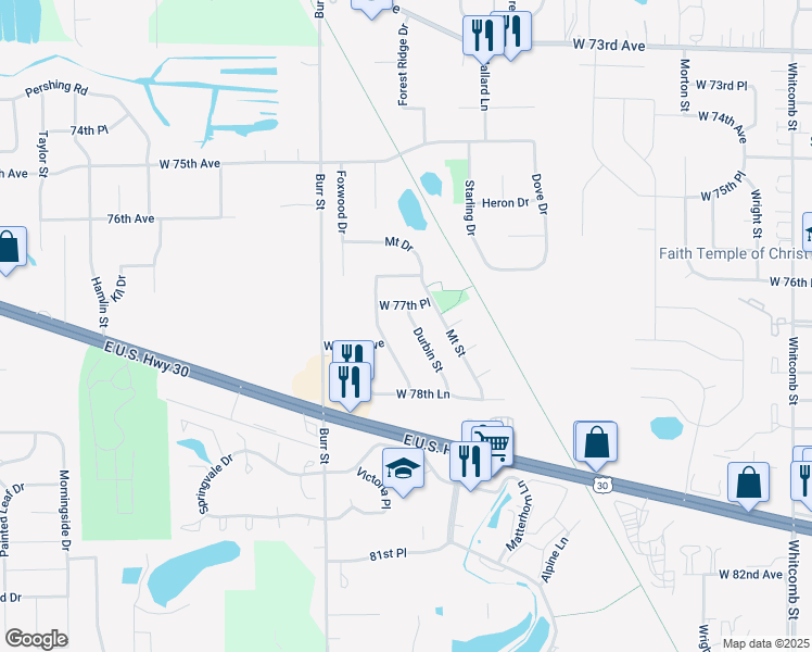 map of restaurants, bars, coffee shops, grocery stores, and more near 7726 Durbin Street in Schererville