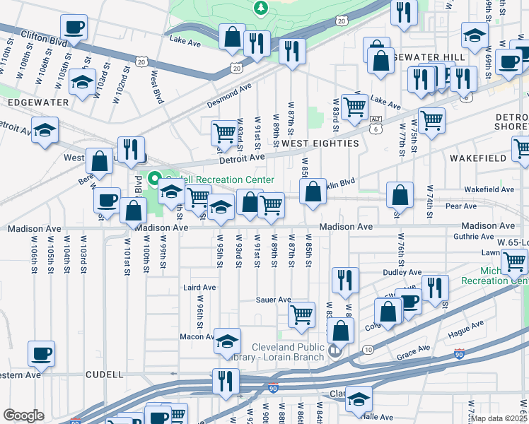 map of restaurants, bars, coffee shops, grocery stores, and more near 9004 Madison Ave in Cleveland