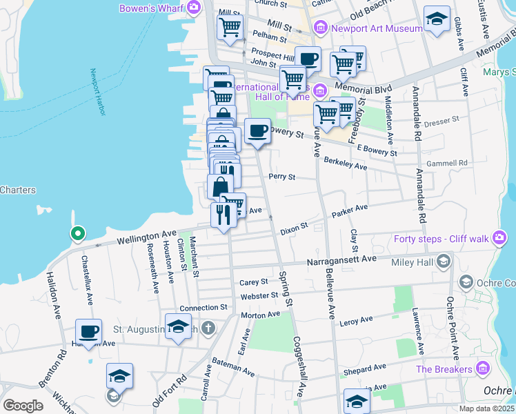 map of restaurants, bars, coffee shops, grocery stores, and more near 461 Spring Street in Newport