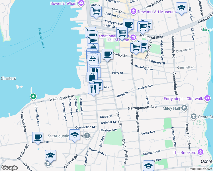 map of restaurants, bars, coffee shops, grocery stores, and more near 21 Underwood Court in Newport