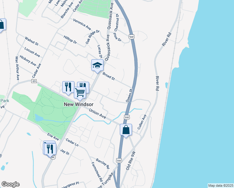 map of restaurants, bars, coffee shops, grocery stores, and more near 6 Riverview Avenue in New Windsor