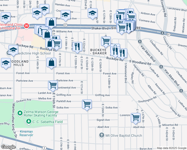 map of restaurants, bars, coffee shops, grocery stores, and more near 12520 Forest Avenue in Cleveland
