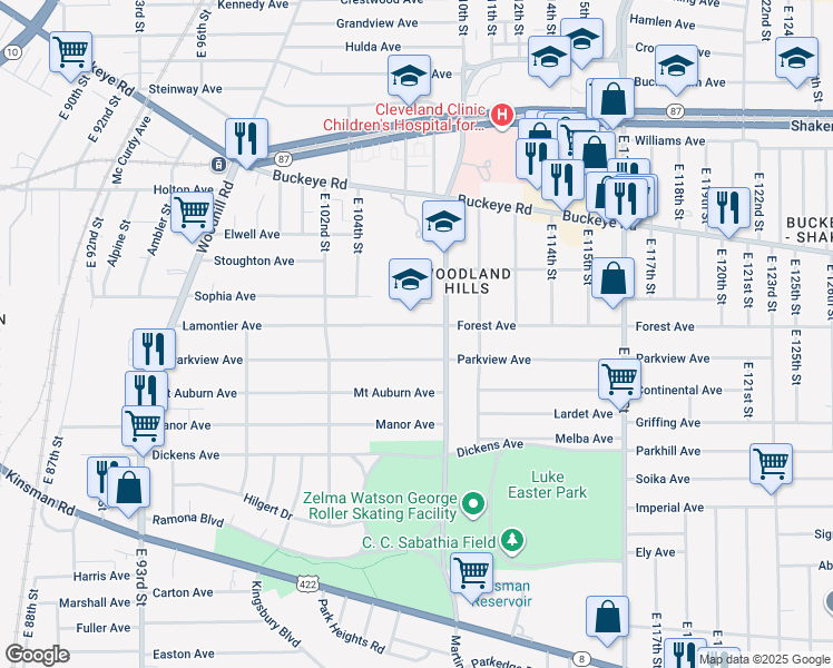 map of restaurants, bars, coffee shops, grocery stores, and more near 10814 Lamontier Avenue in Cleveland
