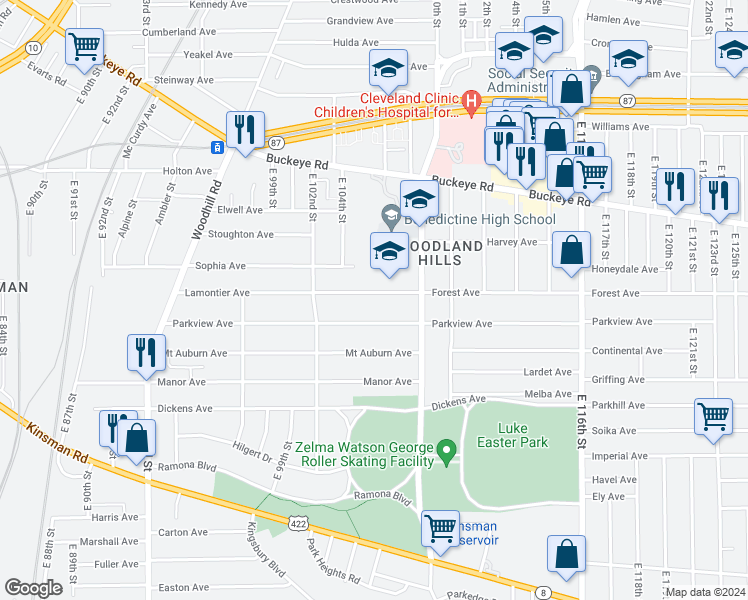 map of restaurants, bars, coffee shops, grocery stores, and more near 10604 Lamontier Avenue in Cleveland