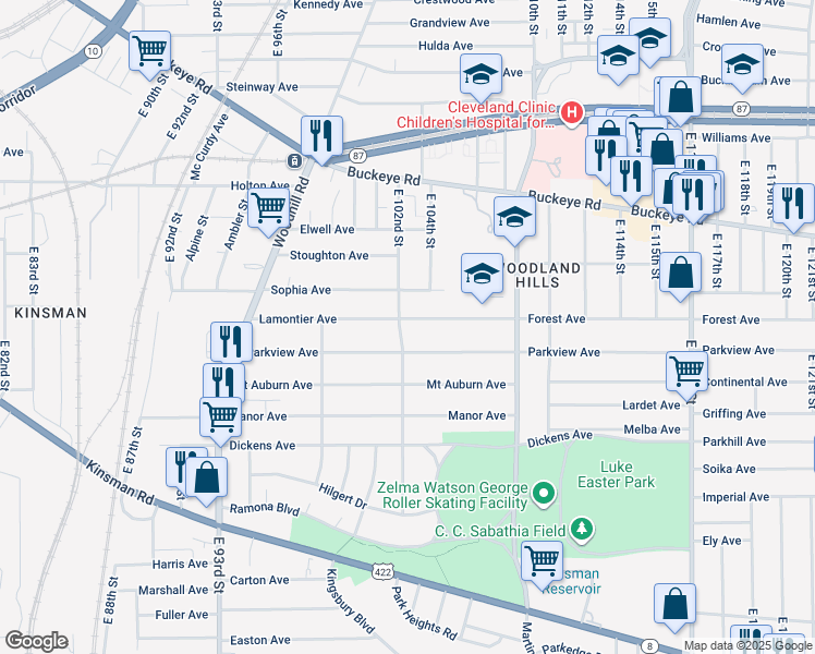 map of restaurants, bars, coffee shops, grocery stores, and more near 10310 Lamontier Avenue in Cleveland