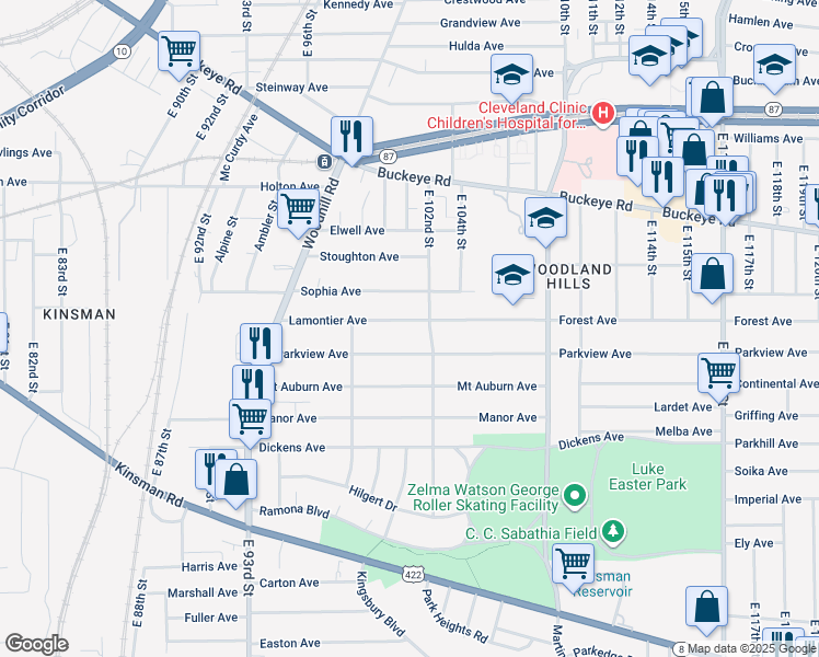 map of restaurants, bars, coffee shops, grocery stores, and more near 10014 Lamontier Avenue in Cleveland