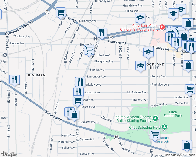 map of restaurants, bars, coffee shops, grocery stores, and more near 9620 Lamontier Avenue in Cleveland