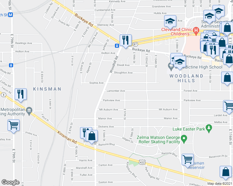 map of restaurants, bars, coffee shops, grocery stores, and more near 9620 Lamontier Avenue in Cleveland