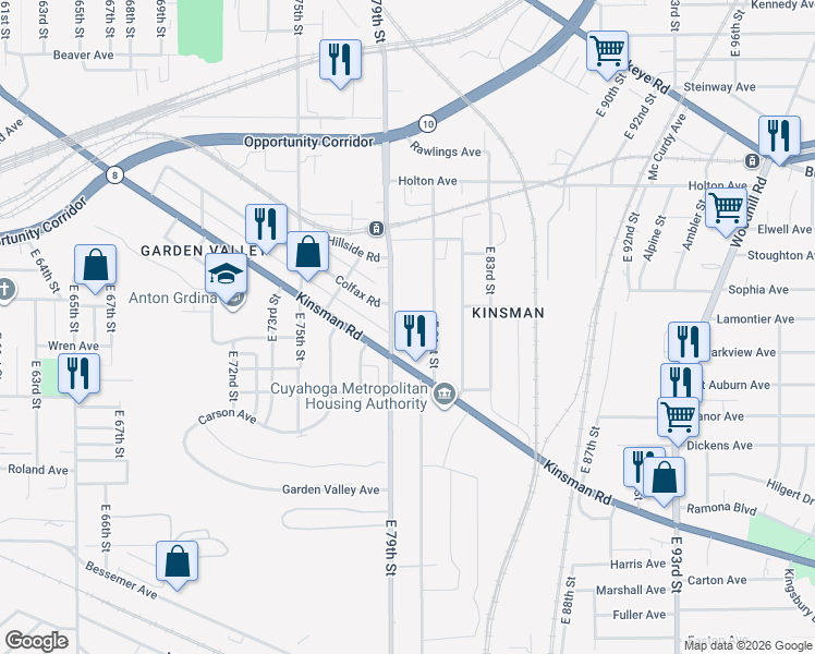 map of restaurants, bars, coffee shops, grocery stores, and more near 2962 East 81st Street in Cleveland