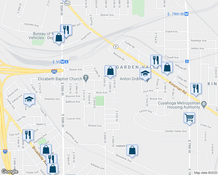 map of restaurants, bars, coffee shops, grocery stores, and more near 2957 East 65th Street in Cleveland