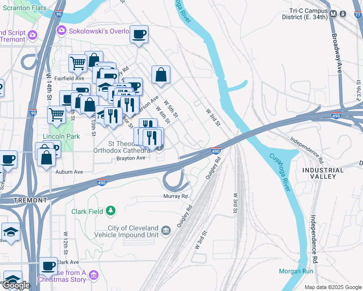 map of restaurants, bars, coffee shops, grocery stores, and more near 2557 West 6th Street in Cleveland