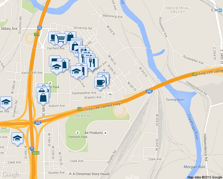 map of restaurants, bars, coffee shops, grocery stores, and more near 2532 West 7th Street in Cleveland
