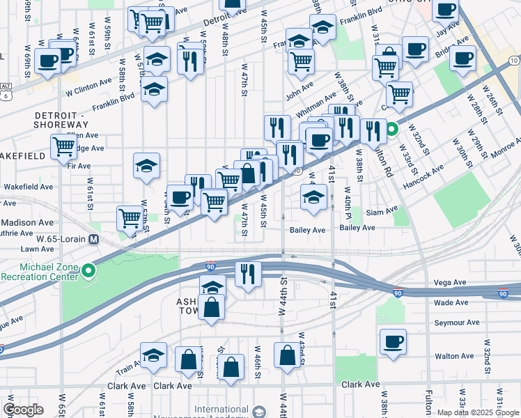 map of restaurants, bars, coffee shops, grocery stores, and more near 4609 Lorain Court in Cleveland