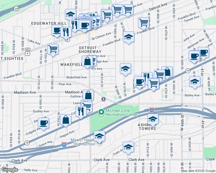 map of restaurants, bars, coffee shops, grocery stores, and more near 6005 Pear Avenue in Cleveland
