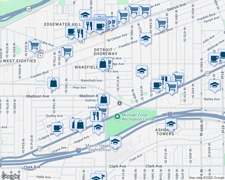 map of restaurants, bars, coffee shops, grocery stores, and more near 6207 Pear Avenue in Cleveland