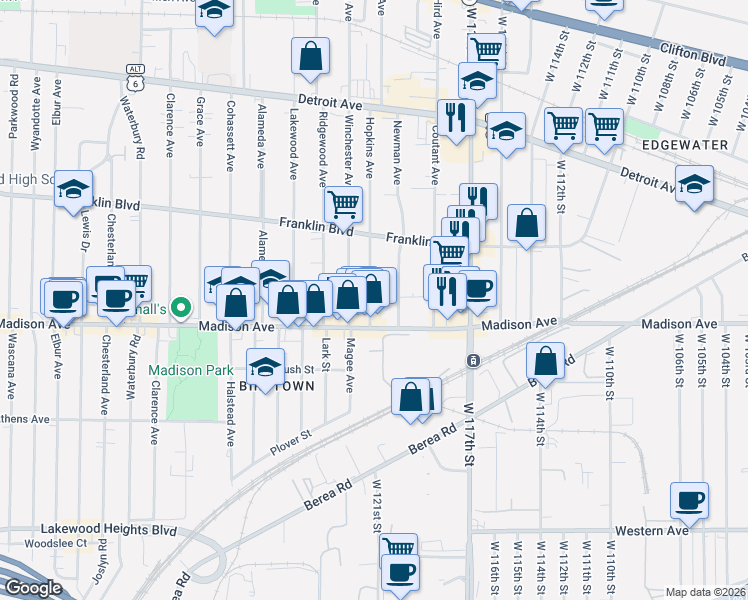 map of restaurants, bars, coffee shops, grocery stores, and more near 1612 Newman Avenue in Lakewood