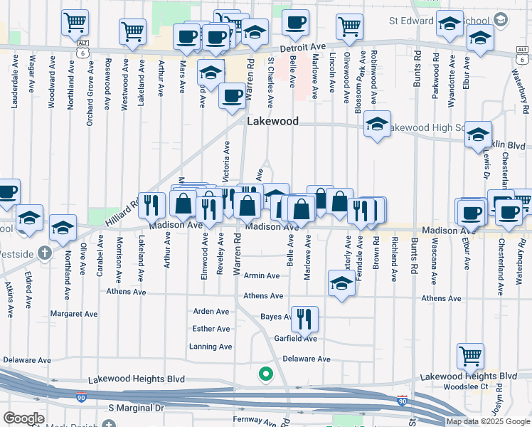 map of restaurants, bars, coffee shops, grocery stores, and more near 1663 Saint Charles Avenue in Lakewood