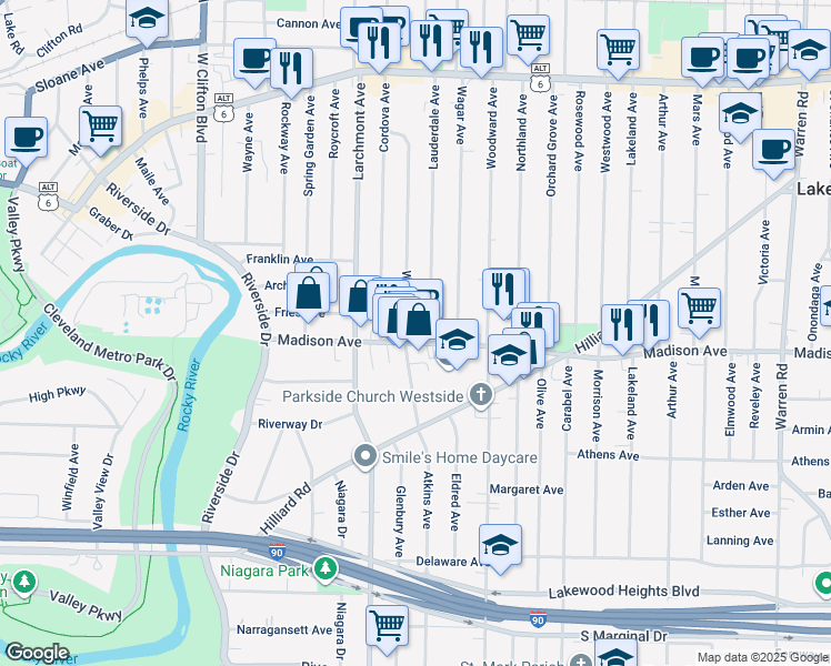 map of restaurants, bars, coffee shops, grocery stores, and more near 1661 Winton Avenue in Lakewood