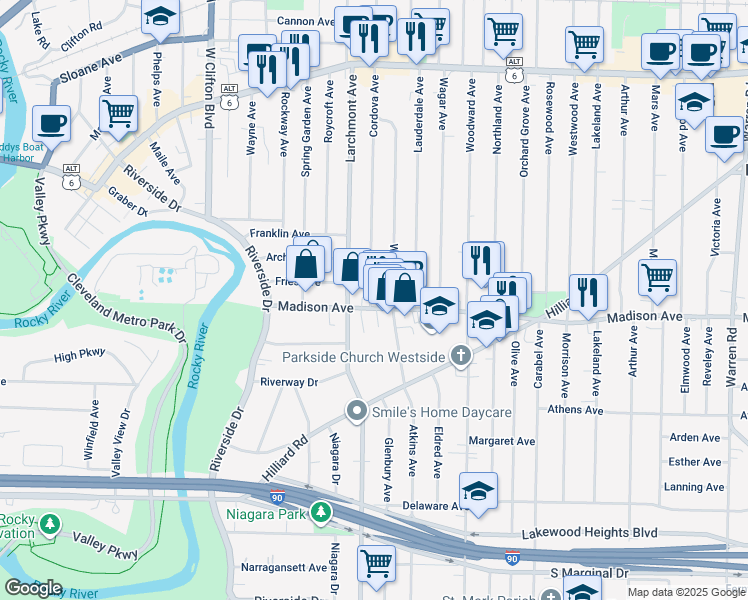 map of restaurants, bars, coffee shops, grocery stores, and more near 1664 Cordova Avenue in Lakewood