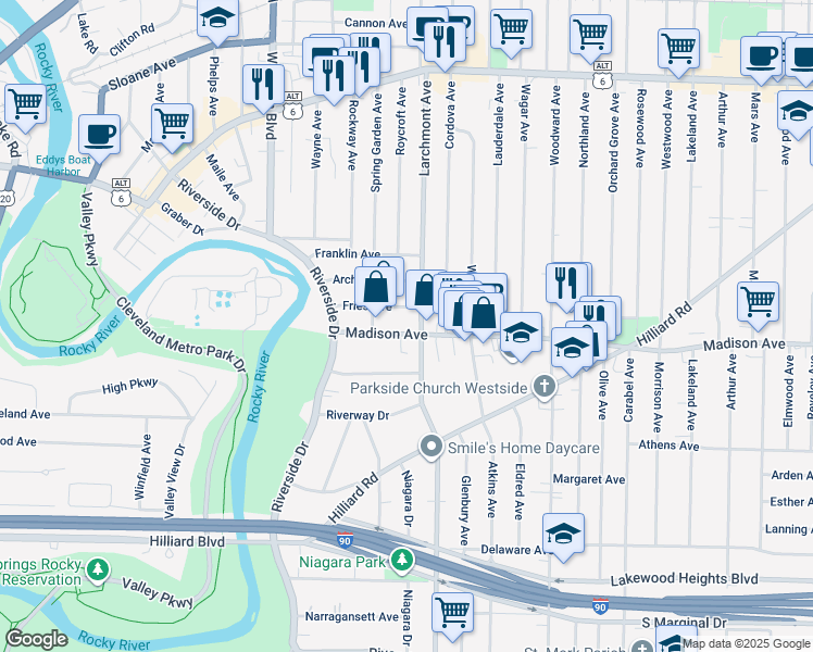 map of restaurants, bars, coffee shops, grocery stores, and more near 17310 Madison Avenue in Lakewood