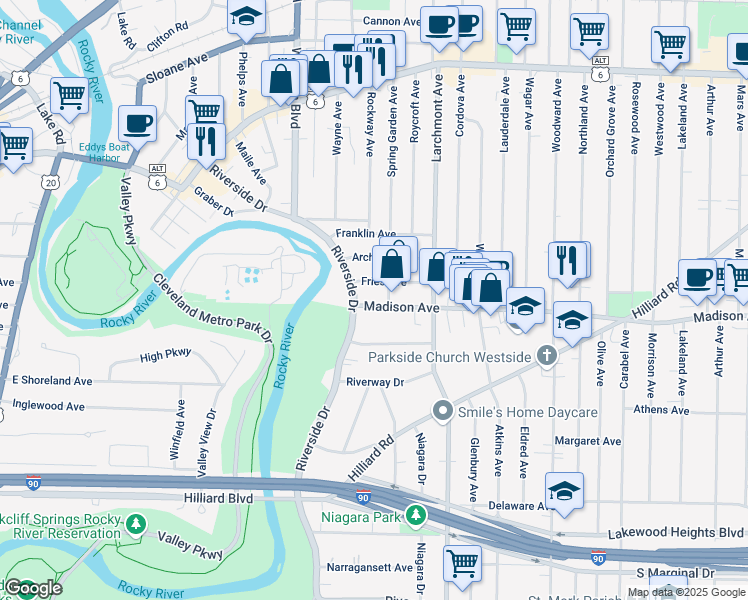 map of restaurants, bars, coffee shops, grocery stores, and more near 17526 Madison Avenue in Lakewood