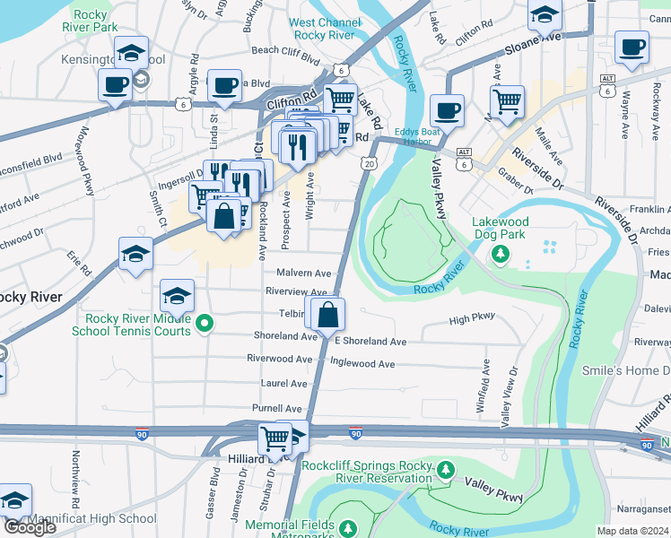 map of restaurants, bars, coffee shops, grocery stores, and more near 19222 Malvern Avenue in Rocky River