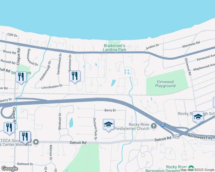 map of restaurants, bars, coffee shops, grocery stores, and more near 99 Pond Dr in Rocky River