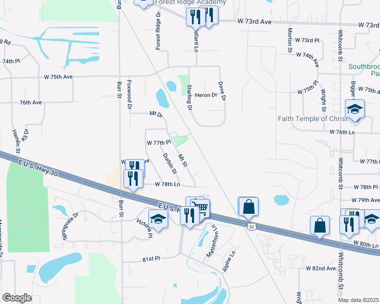 map of restaurants, bars, coffee shops, grocery stores, and more near 5110 West 77th Court in Schererville