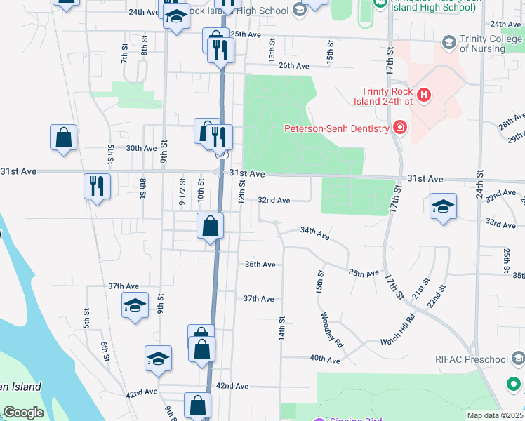 map of restaurants, bars, coffee shops, grocery stores, and more near 3201 14th Street in Rock Island
