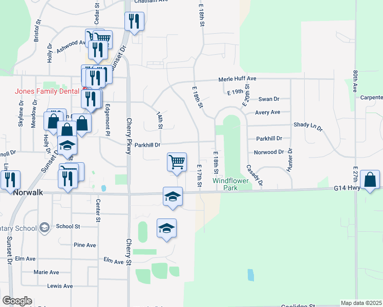 map of restaurants, bars, coffee shops, grocery stores, and more near 1019 East 17th Street in Norwalk