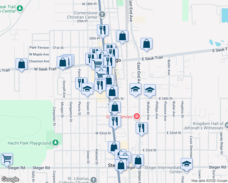 map of restaurants, bars, coffee shops, grocery stores, and more near 3333 Commercial Avenue in Chicago Heights
