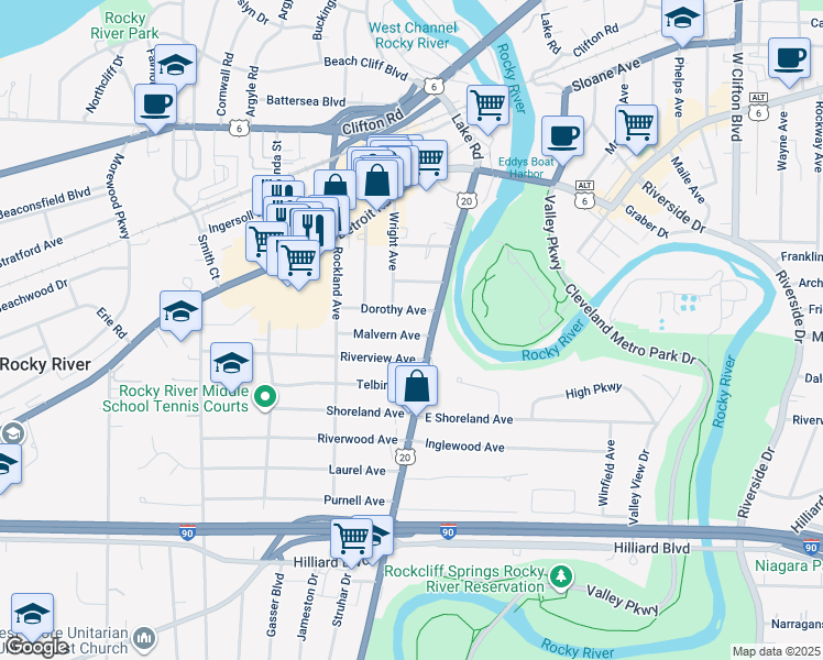 map of restaurants, bars, coffee shops, grocery stores, and more near 19222 Malvern Avenue in Rocky River