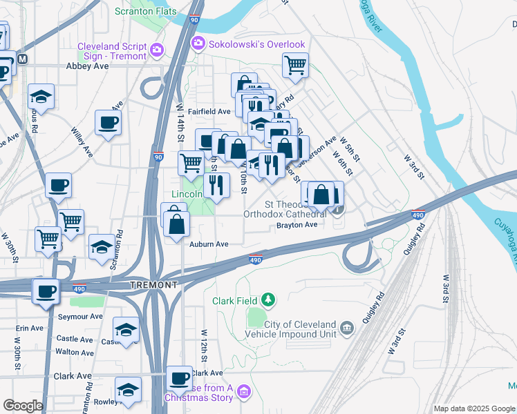 map of restaurants, bars, coffee shops, grocery stores, and more near 943 Jefferson Avenue in Cleveland