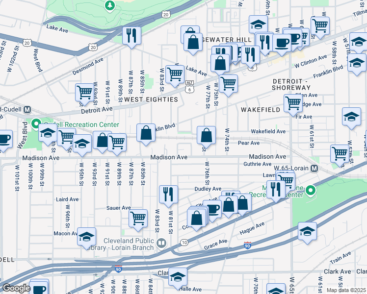map of restaurants, bars, coffee shops, grocery stores, and more near 7919 Ferrell Avenue in Cleveland