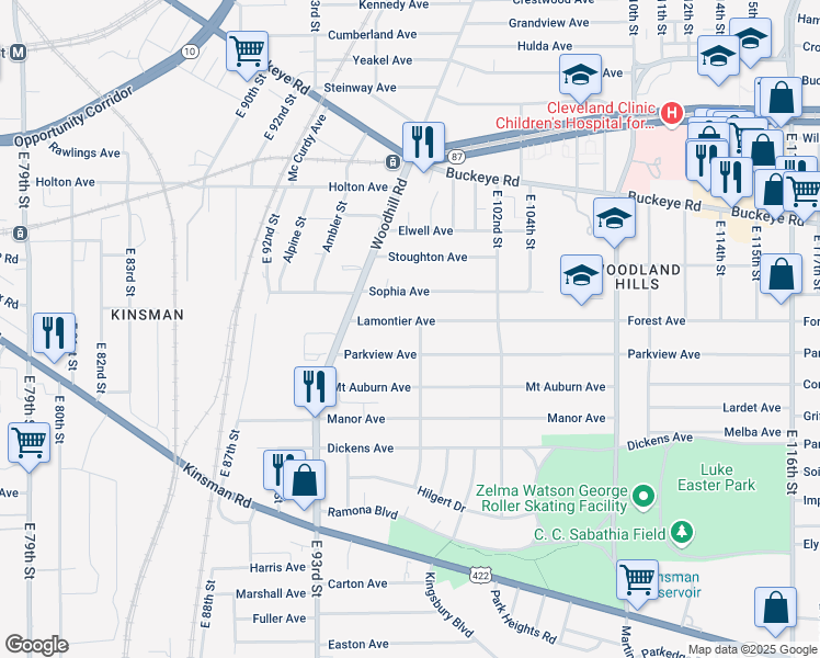 map of restaurants, bars, coffee shops, grocery stores, and more near 9620 Lamontier Avenue in Cleveland