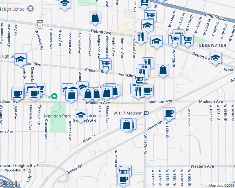 map of restaurants, bars, coffee shops, grocery stores, and more near 1618 Newman Avenue in Lakewood