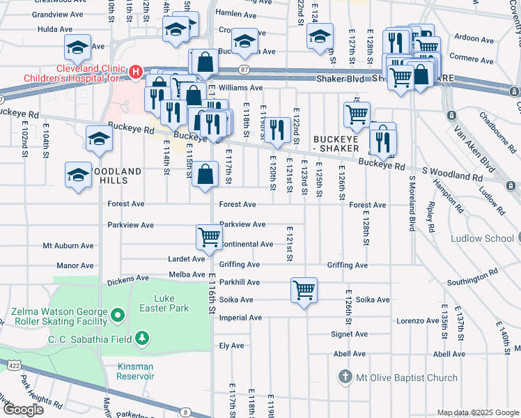 map of restaurants, bars, coffee shops, grocery stores, and more near 11900 Forest Avenue in Cleveland