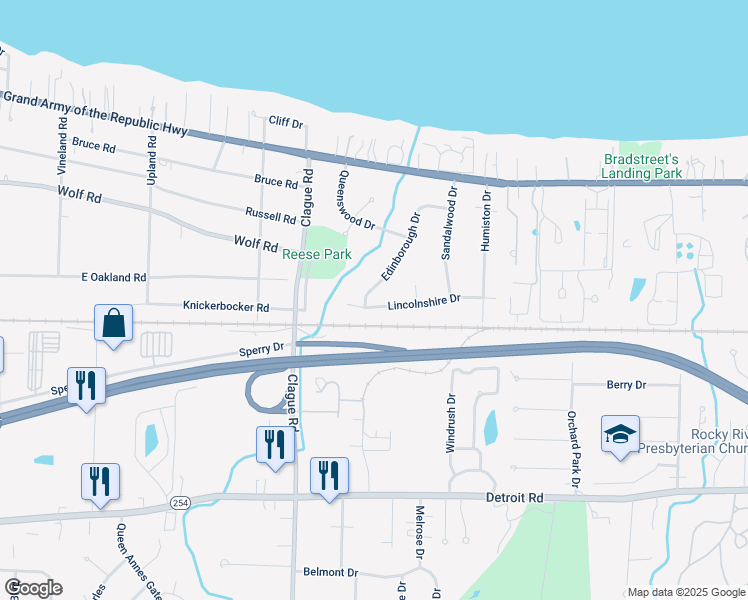 map of restaurants, bars, coffee shops, grocery stores, and more near 23218 Lincolnshire Drive in Bay Village