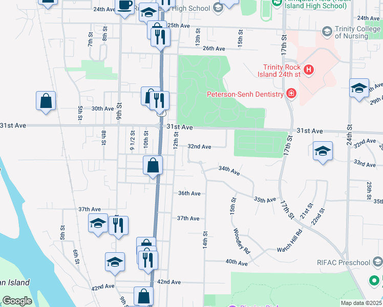 map of restaurants, bars, coffee shops, grocery stores, and more near 3201 14th Street in Rock Island