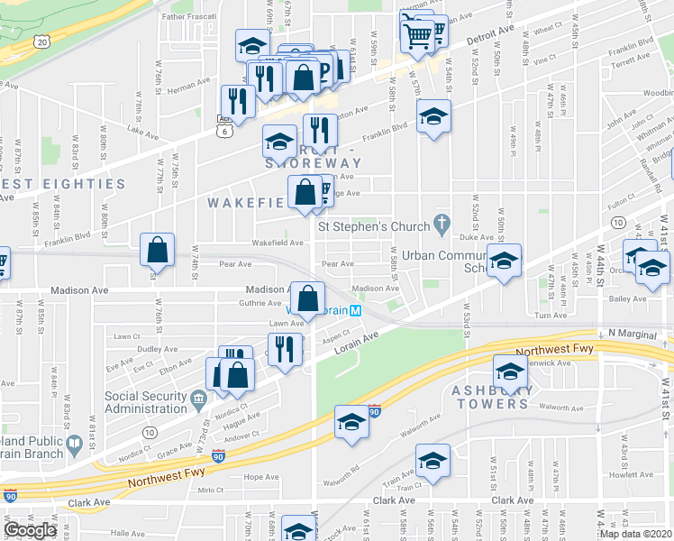 map of restaurants, bars, coffee shops, grocery stores, and more near 6207 Pear Ave in Cleveland