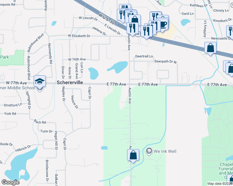map of restaurants, bars, coffee shops, grocery stores, and more near 9409 West 77th Avenue in Schererville