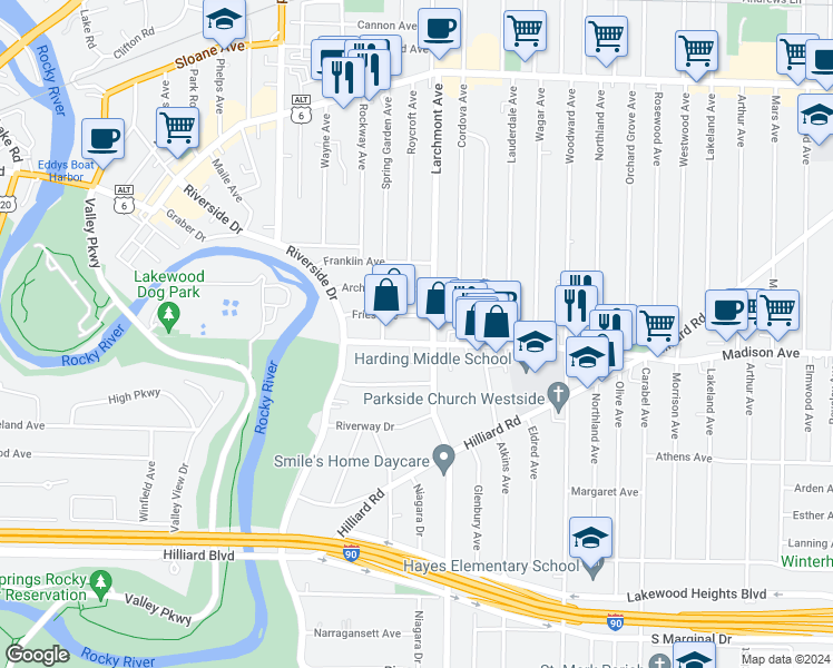 map of restaurants, bars, coffee shops, grocery stores, and more near 17310 Madison Avenue in Lakewood