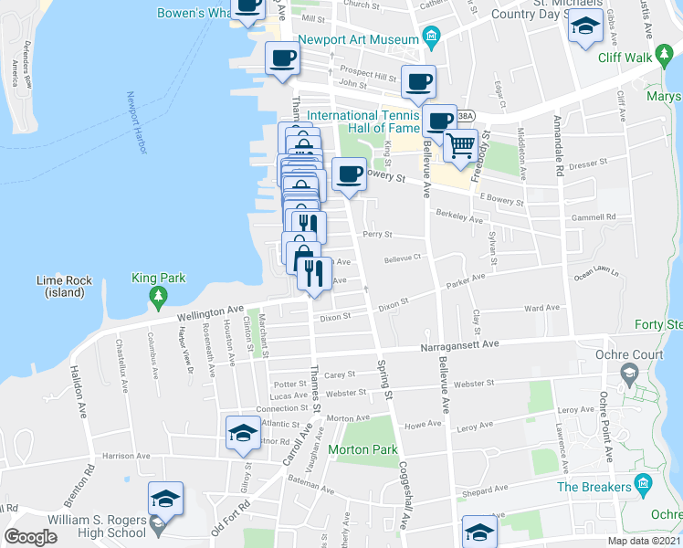 map of restaurants, bars, coffee shops, grocery stores, and more near 42 Lee Avenue in Newport