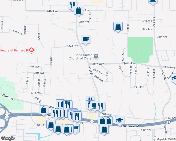 map of restaurants, bars, coffee shops, grocery stores, and more near 3541 41st Street in Moline