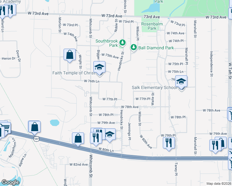 map of restaurants, bars, coffee shops, grocery stores, and more near 7717 Noble Street in Merrillville