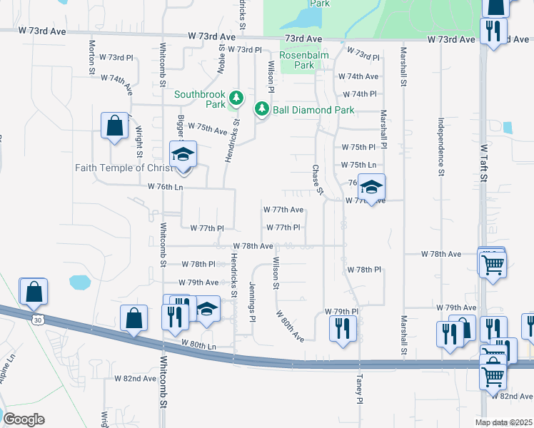 map of restaurants, bars, coffee shops, grocery stores, and more near 3419 West 77th Avenue in Merrillville