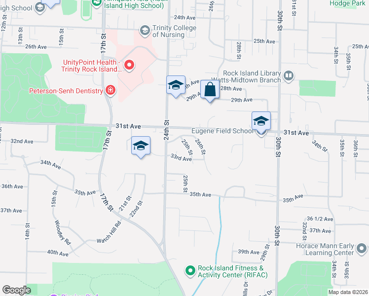 map of restaurants, bars, coffee shops, grocery stores, and more near 3222 25th St in Rock Island