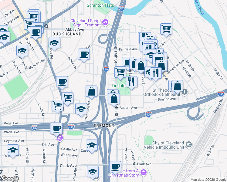 map of restaurants, bars, coffee shops, grocery stores, and more near 2520 West 14th Street in Cleveland