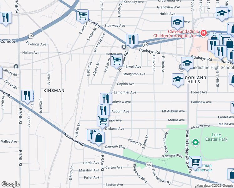 map of restaurants, bars, coffee shops, grocery stores, and more near 9504 Lamontier Avenue in Cleveland