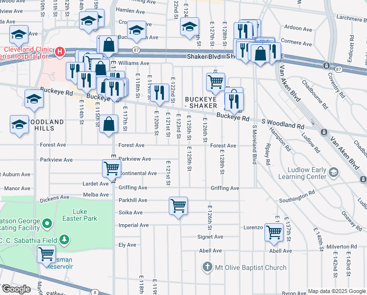 map of restaurants, bars, coffee shops, grocery stores, and more near 12306 Forest Avenue in Cleveland